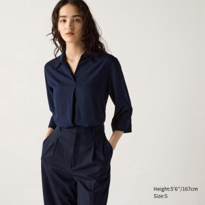 Uniqlo Rayon Skipper Collar (3/4 Sleeve) Women Blouse Navy US | CPDQ-82395