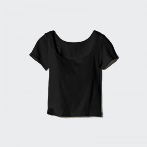 Uniqlo Ribbed Cropped Square Neck Women T-Shirts Black US | YVTZ-30794