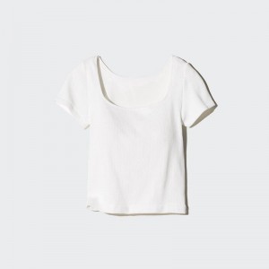 Uniqlo Ribbed Cropped Square Neck Women T-Shirts White US | LYXI-06185