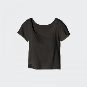 Uniqlo Ribbed Cropped Square Neck Women T-Shirts Dark Brown US | VXBE-09521