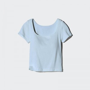 Uniqlo Ribbed Cropped Square Neck Women T-Shirts Blue US | XFPC-63079