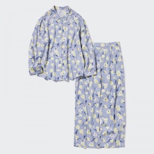 Uniqlo Satin (Flowers, Long Sleeve) Women Pyjamas Blue US | YLTO-64178