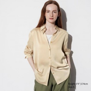 Uniqlo Satin Long Sleeved Women Blouse Beige US | NEOK-13245