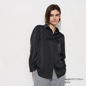 Uniqlo Satin Long Sleeved Women Blouse Black US | SMTL-91583