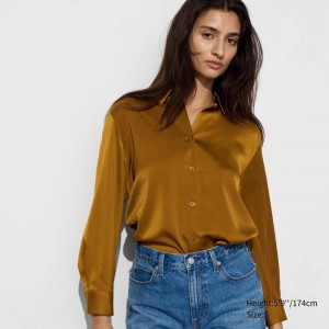 Uniqlo Satin Women Blouse Brown US | NRVJ-27104