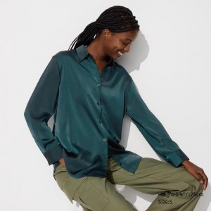 Uniqlo Satin Women Blouse Dark Green US | DCRJ-21783