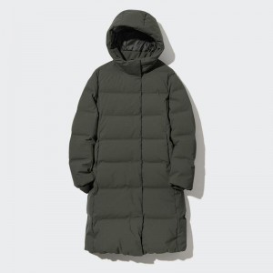 Uniqlo Seamless Down Long Women Coats Dark Green US | DKXR-06928