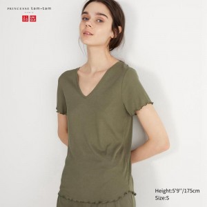 Uniqlo Sheer Lounge Women T-Shirt Olive US | AXUW-40829