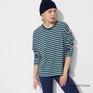 Uniqlo Smooth Cotton Oversized (Stripe, Long Sleeve) Women T-Shirts Dark Green US | QFUT-83041