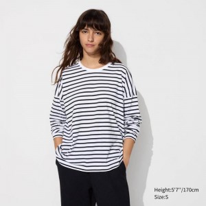 Uniqlo Smooth Cotton Oversized (Stripe, Long Sleeve) Women T-Shirts Off White US | AWPB-41392