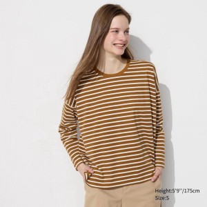 Uniqlo Smooth Cotton Oversized (Stripe, Long Sleeve) Women T-Shirts Brown US | LSJB-32014