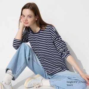 Uniqlo Smooth Cotton Oversized (Stripe, Long Sleeve) Women T-Shirts Navy US | QAPB-23058