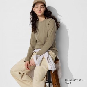 Uniqlo Smooth Cotton Stretch Crew Neck Long Sleeve Women T-Shirts Olive US | KSRB-03971