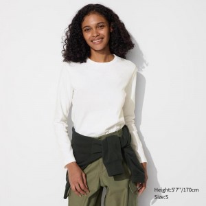 Uniqlo Smooth Cotton Stretch Crew Neck Long Sleeve Women T-Shirts White US | ATVS-48627