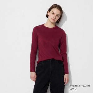 Uniqlo Smooth Cotton Stretch Crew Neck Long Sleeve Women T-Shirts Wine US | NGPE-94821