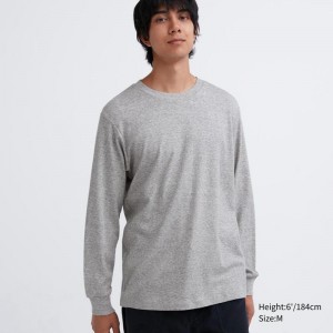 Uniqlo Soft Brushed Cotton Crew Neck Long Sleeved Men T-Shirt Grey US | BOTD-02974