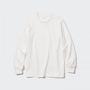 Uniqlo Soft Brushed Cotton Crew Neck Long Sleeved Men T-Shirt White US | MUXO-16549