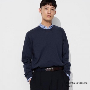 Uniqlo Soft Brushed Crew Neck (Long Sleeve) Men T-Shirt Navy US | KYMS-71094