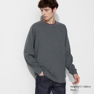 Uniqlo Soft Brushed Crew Neck (Long Sleeve) Men T-Shirt Dark Grey US | MPQF-74352