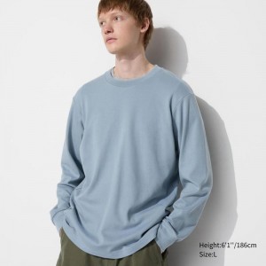 Uniqlo Soft Brushed Crew Neck (Long Sleeve) Men T-Shirt Blue US | GQWN-84295