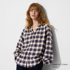 Uniqlo Soft Flannel Gathered (Check) Women Blouse Blue US | YJFI-14063