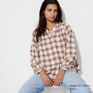 Uniqlo Soft Flannel Gathered (Check) Women Blouse Red US | LTZS-34206