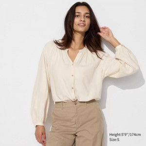 Uniqlo Soft Flannel Gathered Women Blouse Off White US | WOKD-23867