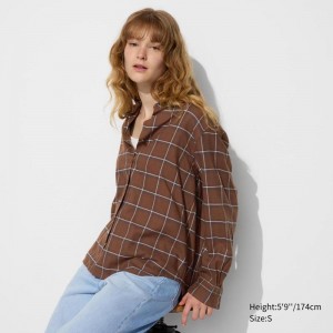 Uniqlo Soft Flannel Skipper (Check) Women Shirts Brown US | QOFN-28605