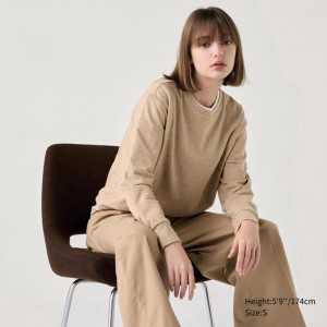 Uniqlo Soft Knit Fleece Crew Neck (Long Sleeve) Women T-Shirts Beige US | ERXL-09458