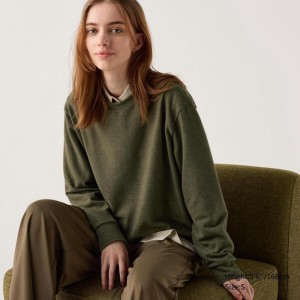 Uniqlo Soft Knit Fleece Crew Neck (Long Sleeve) Women T-Shirts Olive US | YBLE-05826