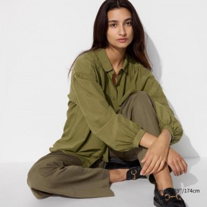 Uniqlo Soft Lawn Gathered Women Blouse Olive US | OZFW-54928