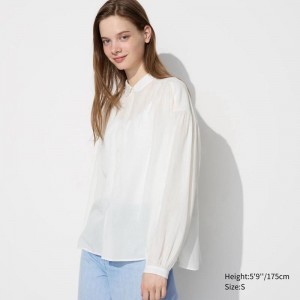 Uniqlo Soft Lawn Gathered Women Blouse Off White US | WGTB-18670