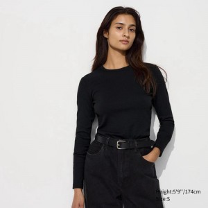 Uniqlo Soft Ribbed Crew Neck (Long Sleeve) Women T-Shirts Black US | QKLE-73285