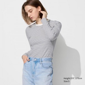 Uniqlo Soft Ribbed Crew Neck (Stripe, Long Sleeve) Women T-Shirts Off White US | DXVC-57804