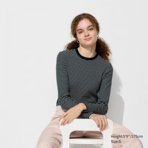 Uniqlo Soft Ribbed Crew Neck (Stripe, Long Sleeve) Women T-Shirts Black US | DNXO-17406