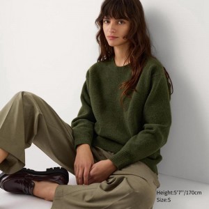 Uniqlo Soufflé Yarn Crew Neck Women Jumper Olive US | JRAE-73409