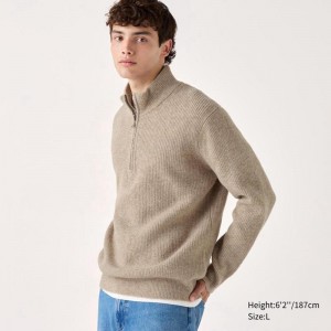 Uniqlo Soufflé Yarn Half-Zip Men Jumper Beige US | INTA-17692