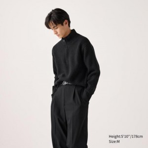 Uniqlo Soufflé Yarn Half-Zip Men Jumper Black US | FSUK-96031