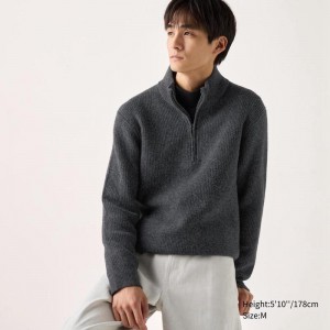 Uniqlo Soufflé Yarn Half-Zip Men Jumper Dark Grey US | RUOG-92064