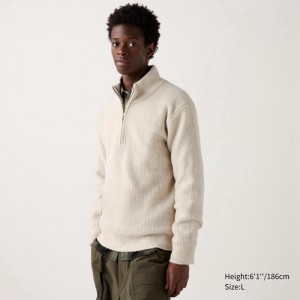 Uniqlo Soufflé Yarn Half-Zip Men Jumper Natural US | JTMP-13795