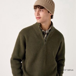 Uniqlo Soufflé Yarn Half-Zip Men Jumper Olive US | SPRV-69513