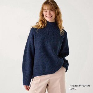 Uniqlo Soufflé Yarn High Neck Women Jumper Blue US | QJOW-91645