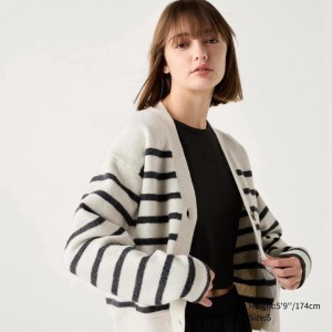 Uniqlo Soufflé Yarn V Neck Short (Stripe) Women Cardigans Off White US | YJCT-58640