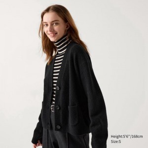 Uniqlo Soufflé Yarn V Neck Short Women Cardigans Black US | GEQK-08762