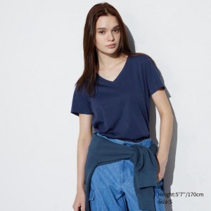 Uniqlo Supima Cotton V Neck Women T-Shirts Blue US | OLXV-82194