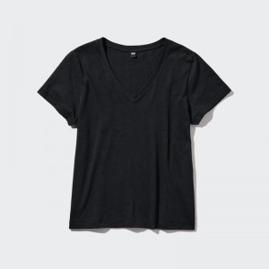 Uniqlo Supima Cotton V Neck Women T-Shirts Black US | ZNGE-12734