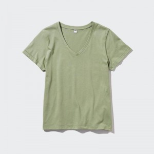 Uniqlo Supima Cotton V Neck Women T-Shirts Green US | CTUE-85239