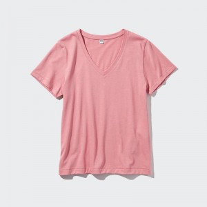 Uniqlo Supima Cotton V Neck Women T-Shirts Pink US | CMQV-90158