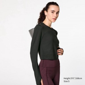 Uniqlo Ultra Stretch AIRism Cropped (Long Sleeve) Women T-Shirts Black US | VTQM-04619