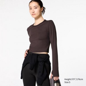 Uniqlo Ultra Stretch AIRism Cropped (Long Sleeve) Women T-Shirts Dark Brown US | JQKA-59073